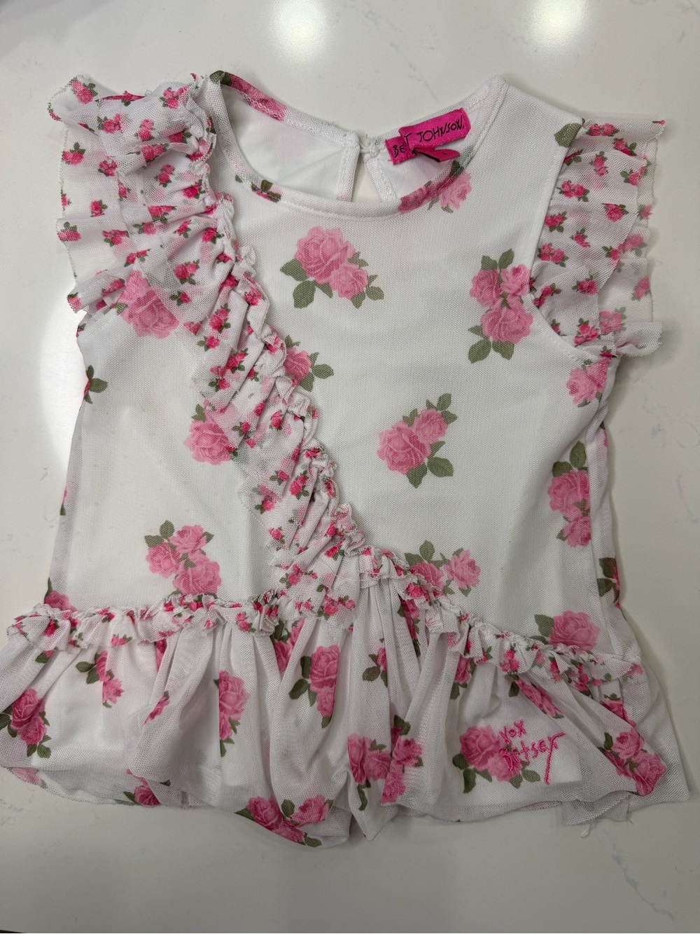 Betsey Johnson White & Pink Rose Ruffle Girls Top